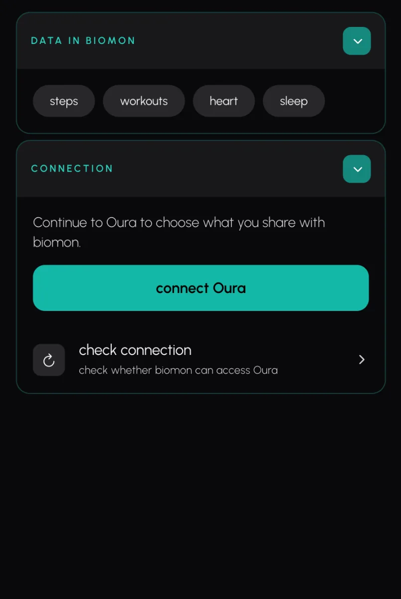 Biomon's Oura page before connecting: the data Biomon asks for, a note to continue to Oura to choose what to share, and the connect Oura button.