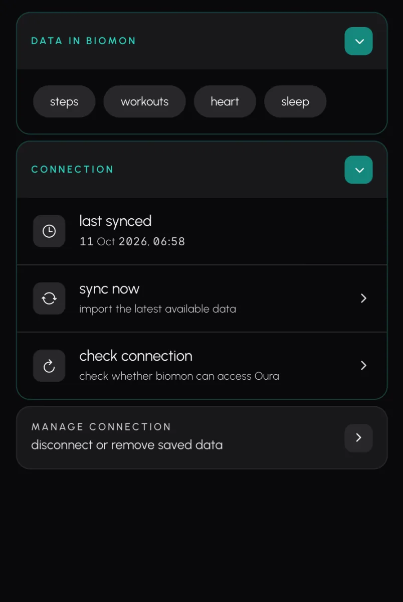 Biomon's Oura page once connected, with the time Oura last synced and a button to sync now.