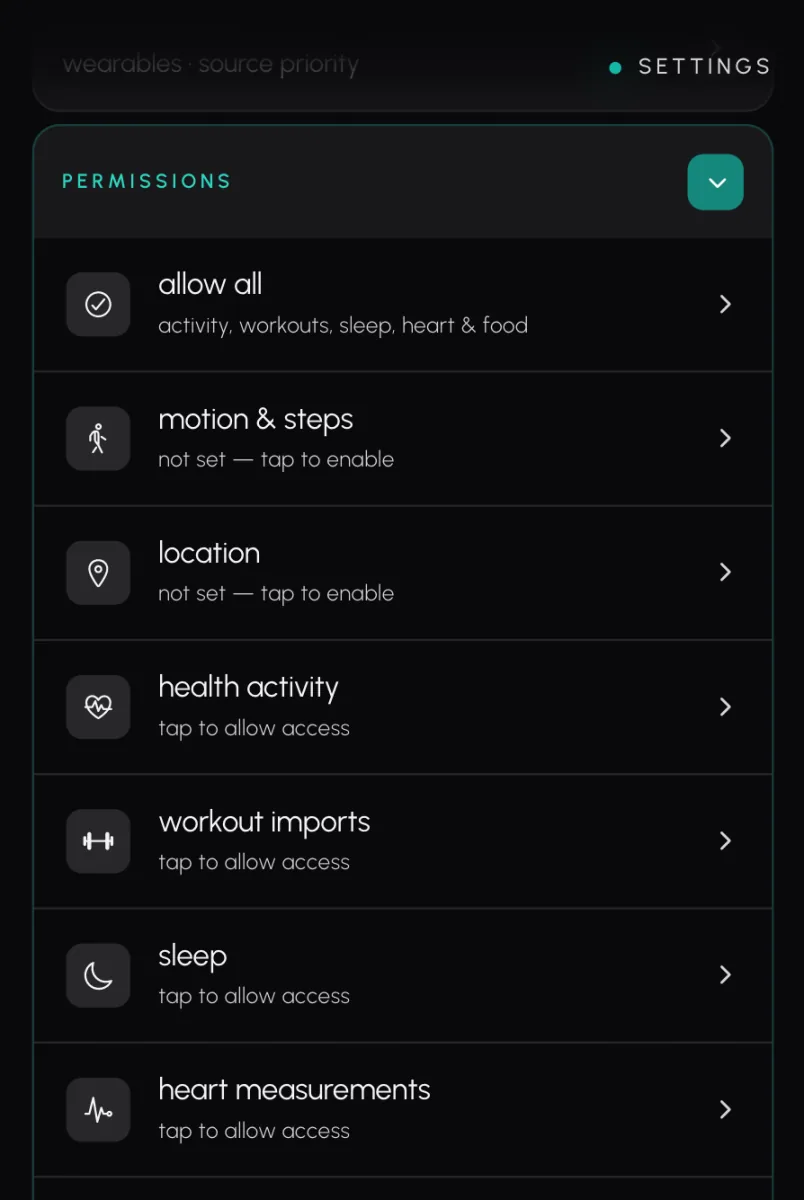 Biomon's Permissions rows: health activity, workout imports, sleep and heart measurements, each with tap to allow access.