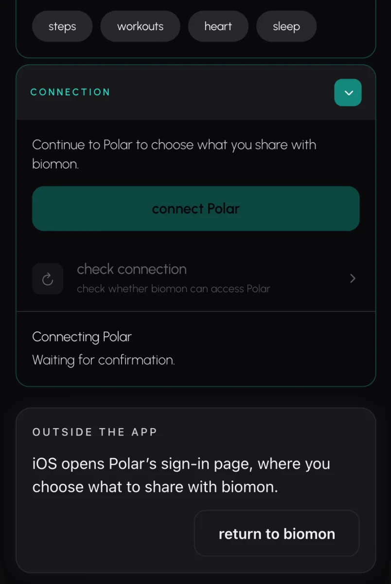 Biomon's Polar page as the phone opens Polar's sign-in page, where you choose what to share with Biomon.