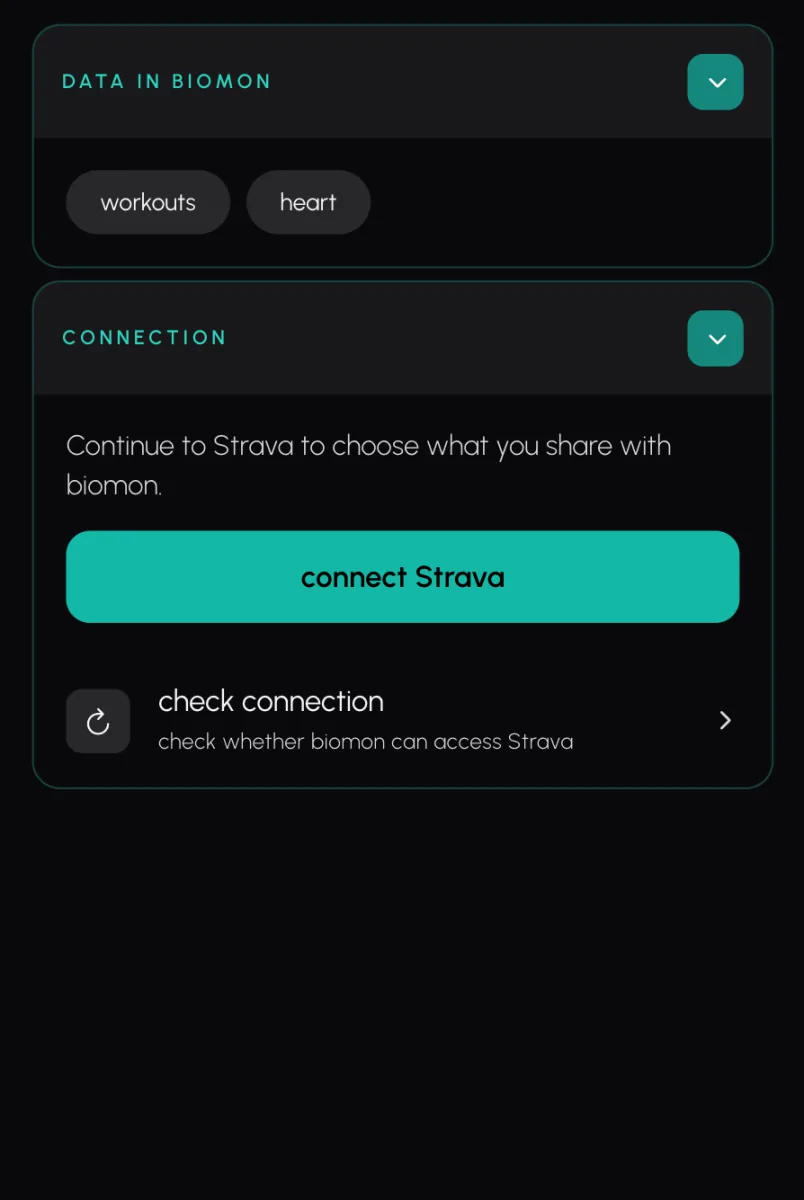 Biomon's Strava page before connecting: the data Biomon asks for, a note to continue to Strava to choose what to share, and the connect Strava button.