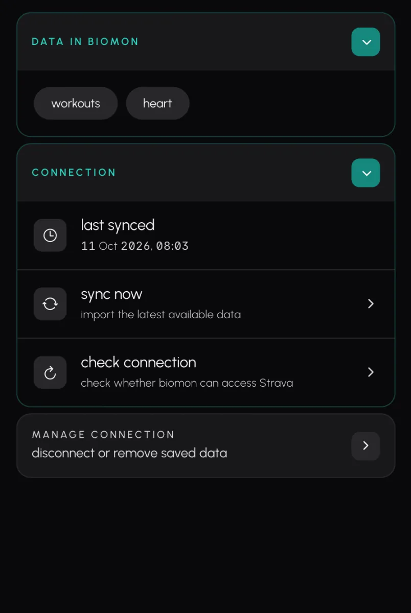 Biomon's Strava page once connected, with the time Strava last synced and a button to sync now.