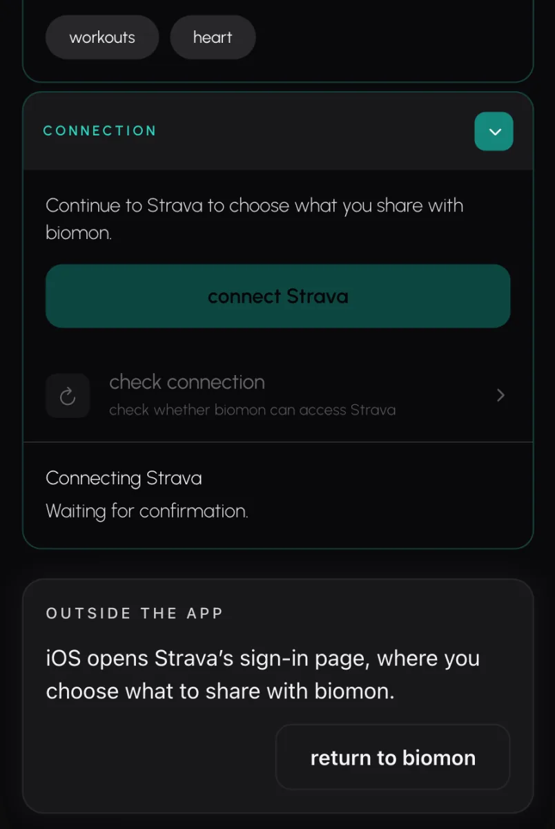 Biomon's Strava page as the phone opens Strava's sign-in page, where you choose what to share with Biomon.