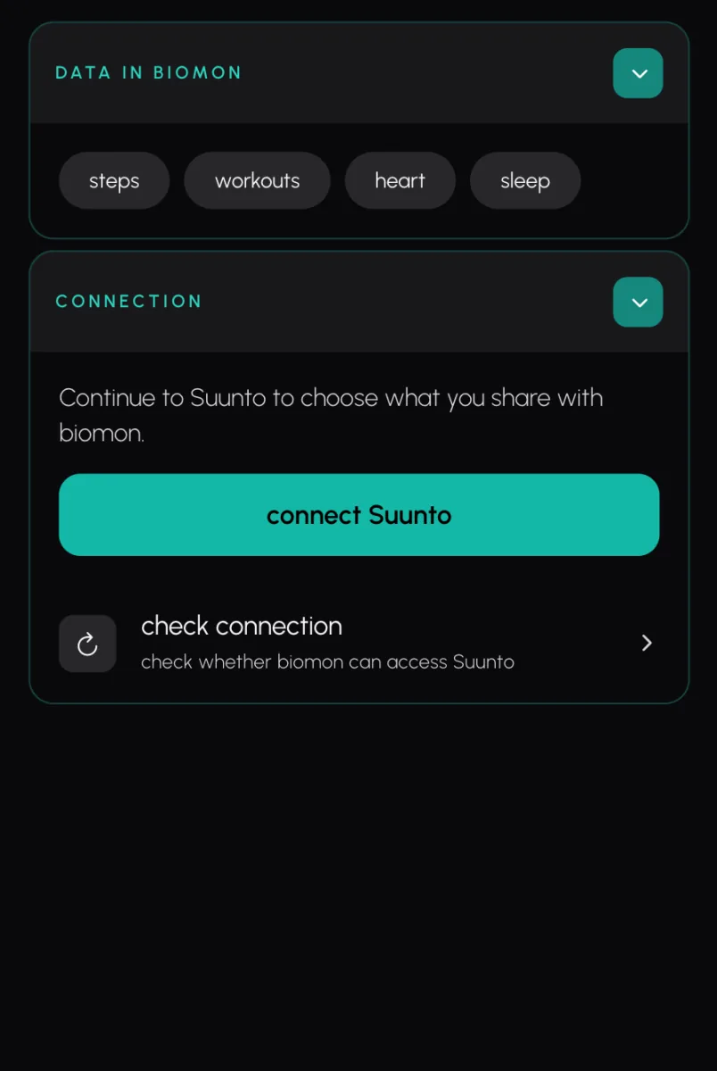 Biomon's Suunto page before connecting: the data Biomon asks for, a note to continue to Suunto to choose what to share, and the connect Suunto button.