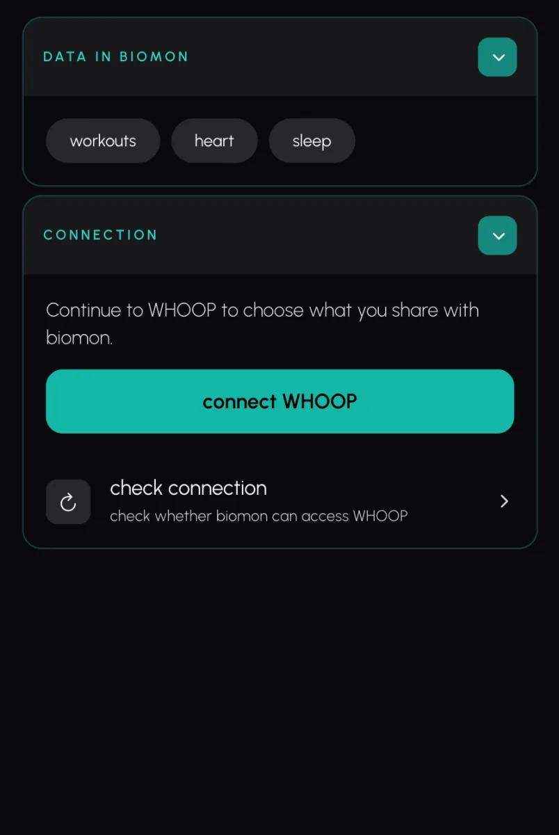 Biomon's WHOOP page before connecting: the data Biomon asks for, a note to continue to WHOOP to choose what to share, and the connect WHOOP button.