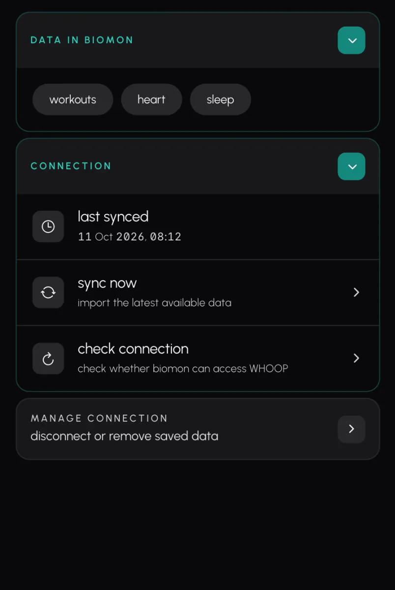 Biomon's WHOOP page once connected, with the time WHOOP last synced and a button to sync now.