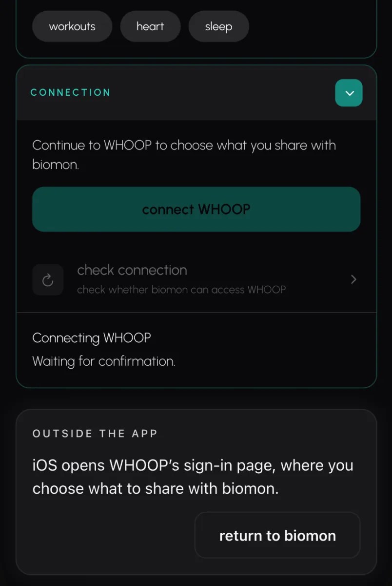Biomon's WHOOP page as the phone opens WHOOP's sign-in page, where you choose what to share with Biomon.