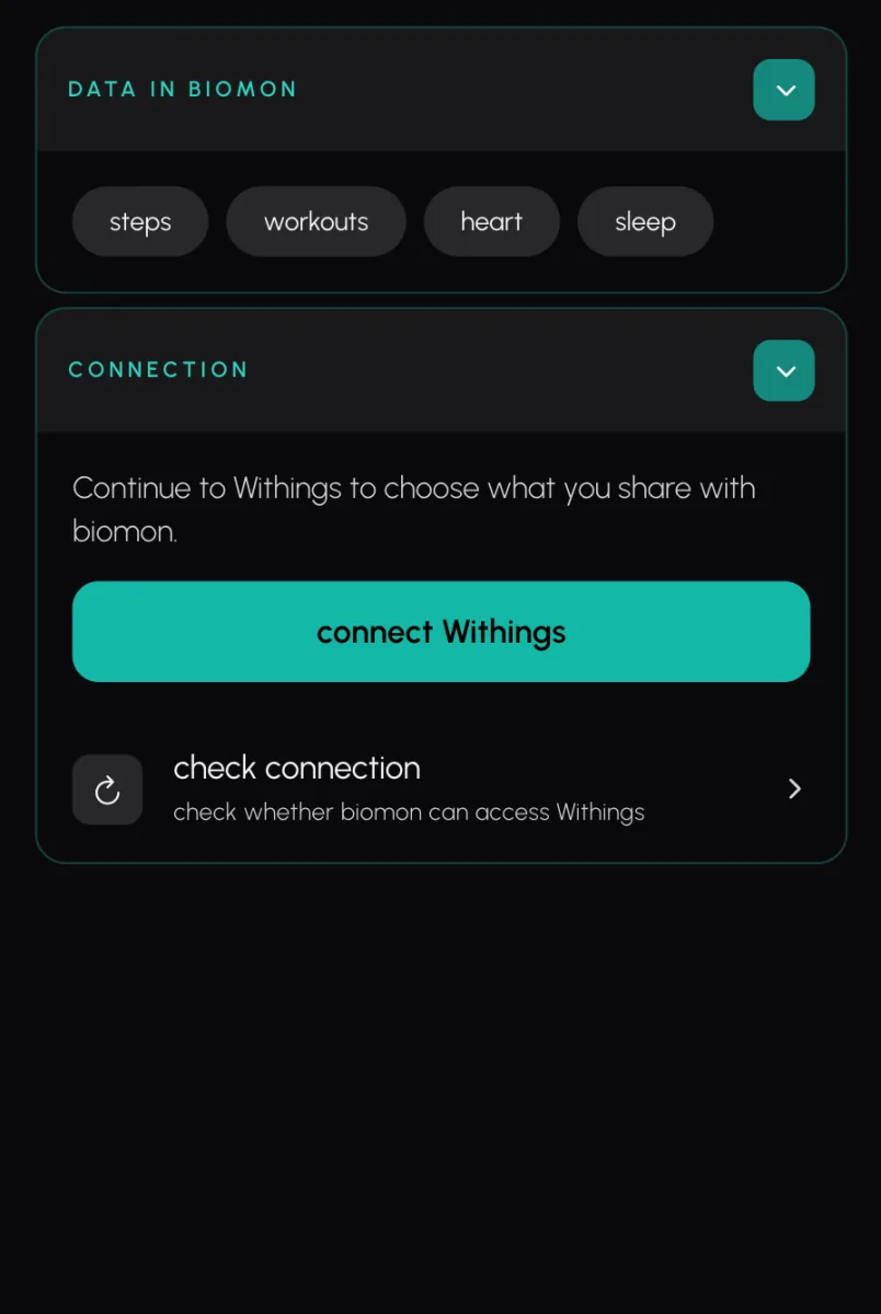Biomon's Withings page before connecting: the data Biomon asks for, a note to continue to Withings to choose what to share, and the connect Withings button.