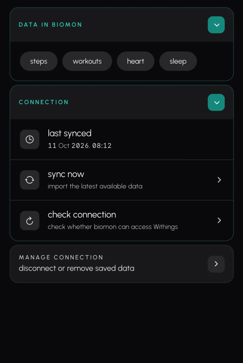 Biomon's Withings page once connected, with the time Withings last synced and a button to sync now.