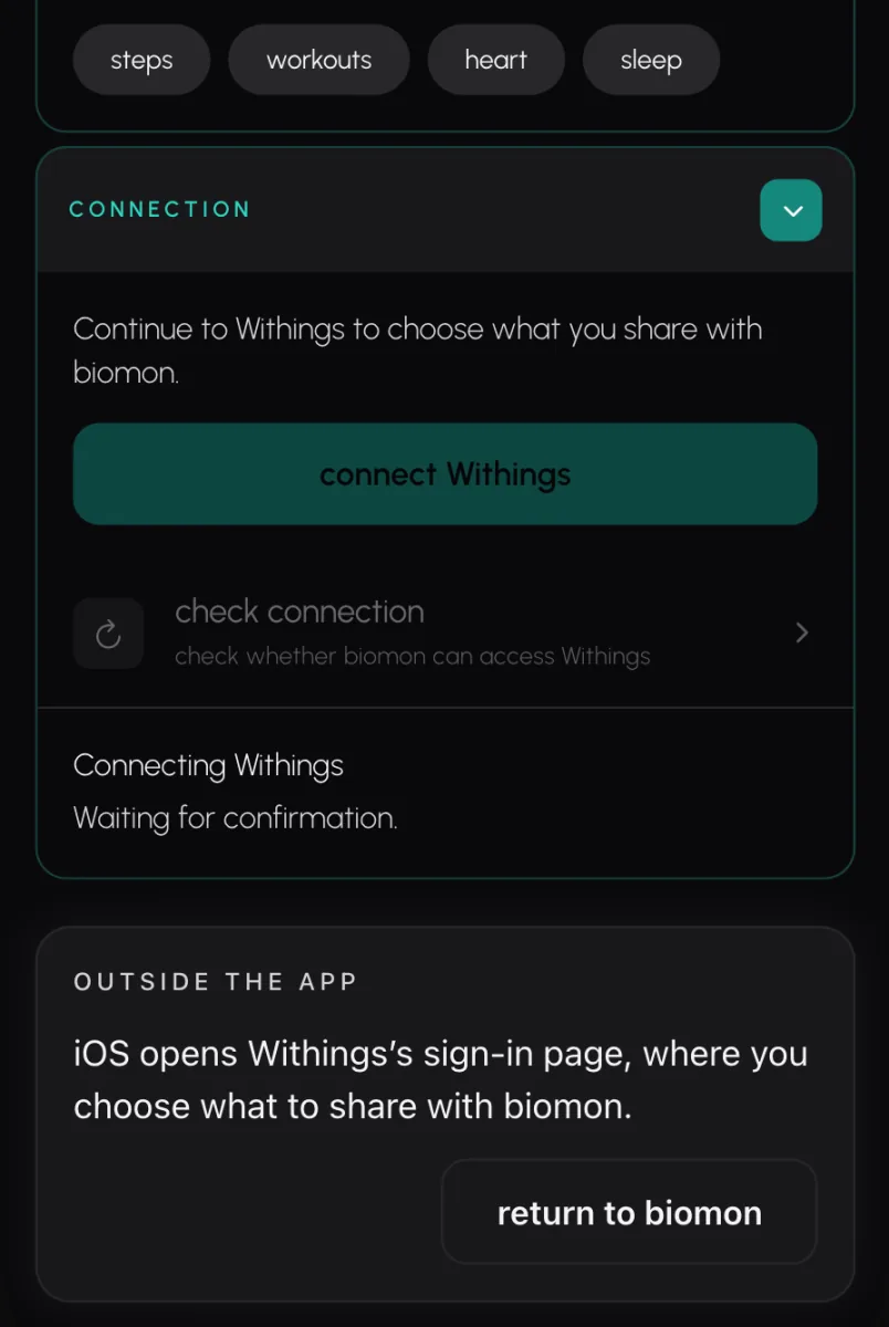 Biomon's Withings page as the phone opens Withings's sign-in page, where you choose what to share with Biomon.